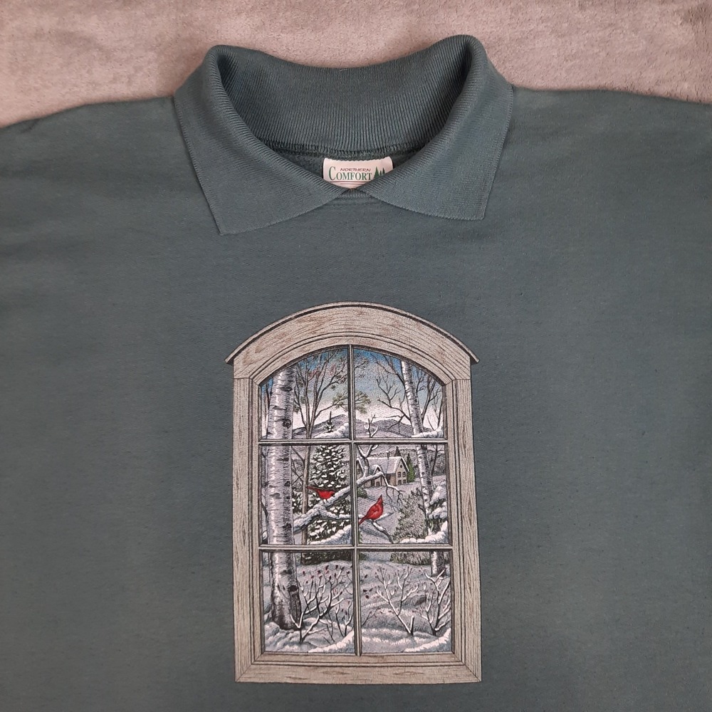 Vintage Sweatshirt Collared Green Cardinals Winter Scene Womens XL 90s Grandma